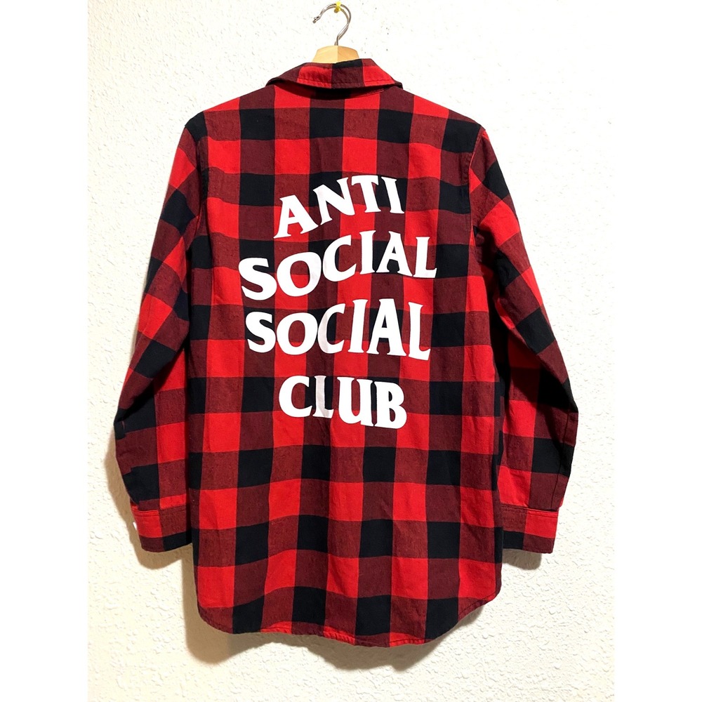 Anti Social Social Club Red Black‎ Buffalo Plaid Flannel Logo Shirt Mens XL USA